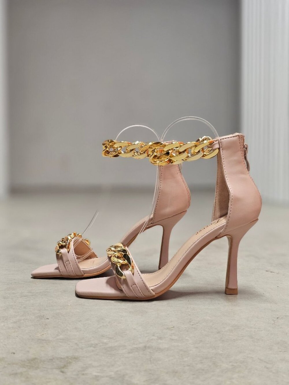 Blush Pink High Heel Sandals With Gold Chain Ankle Strap Square Toe Back Zipper - Picture 8 of 12